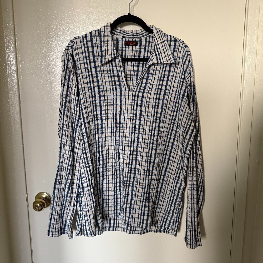 First Choice Cotton Blue White Checkered V Neck Long Sleeve Collared Shirt L​​